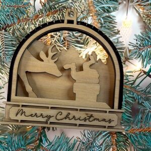 Handmade Layered Wood Ornament – Santa & Reindeer Silhouette • “Merry Christmas”